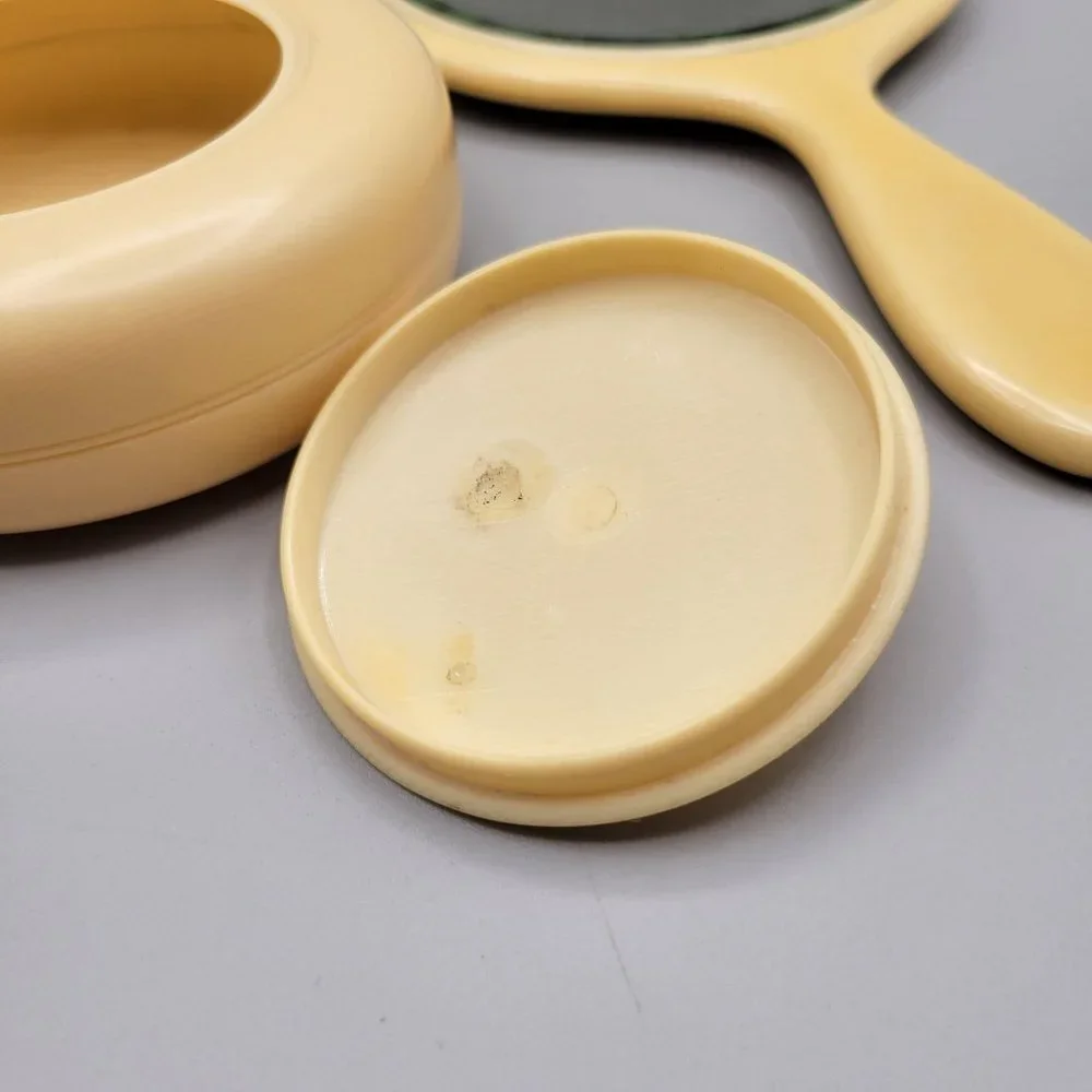 French Ivory Celluloid Beveled Hand Mirror and Powder Jar Vanity Dresser Set